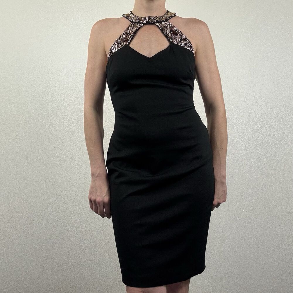 Vintage Sexy Cache Cutout Studded Embellished Bodycon Dress Stretch Black Gold 8